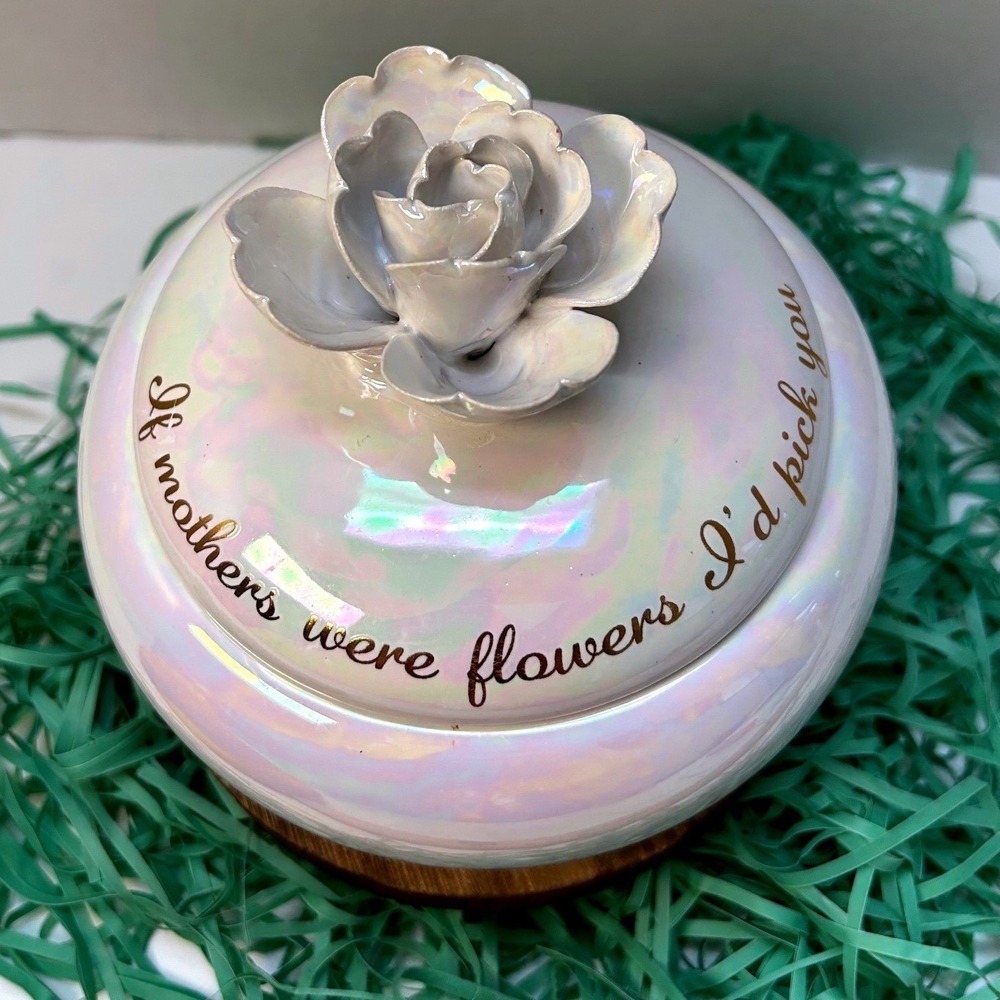 Mother Ceramic floral vase trinket Dish Rose Lid Jewelry Box White Gold